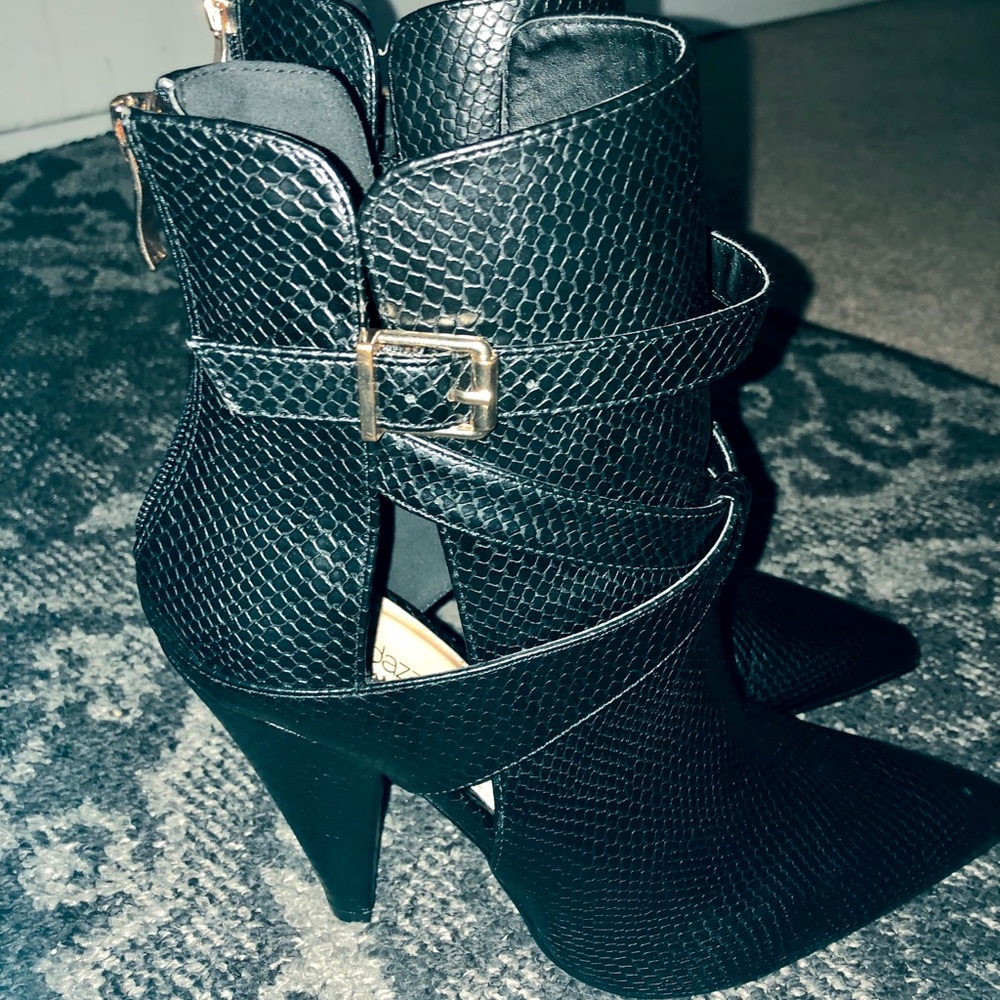 Black faux snakeskin bootie